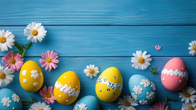 The beautiful blue wooden table is decorated with Easter eggs adorned with flowers, adding atmosphere to the spring holiday celebration. Easter home decoration, flower arrangement Easter eggs.