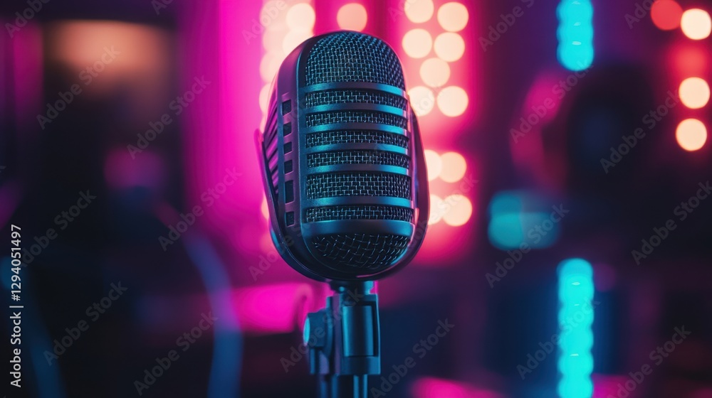 Poster retro microphone illuminated by vibrant neon lights capturing a nostalgic atmosphere and a sense of 
