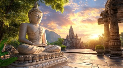 Fototapeta premium a majestic Buddha statue illuminated by the golden light of dawn. Carved from aged stone, the statue sits in a meditative pose amid a tranquil temple courtyard