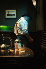 NO LOGOS OR TRADEMARKS!  SELF MADE LABELS AND PICTURES!
Portrait of a man in fedora standing in the corner of  his vintage detective office.
