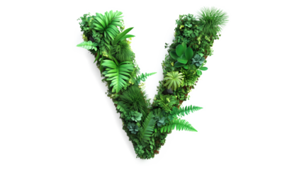Font letter V formed by green moss fern leaves plant nature elements cutout isolated on transparent background, PNG