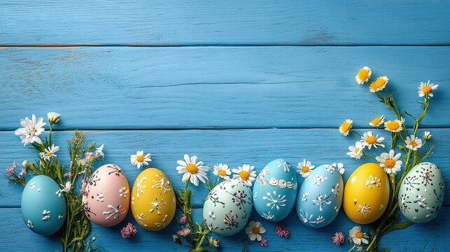 The beautiful blue wooden table is decorated with Easter eggs adorned with flowers, adding atmosphere to the spring holiday celebration. Easter home decoration, flower arrangement Easter eggs.