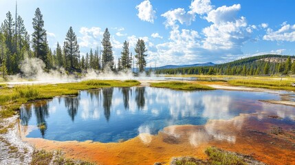 Fototapeta premium Tranquil Hot Spring Landscape with Reflections and Blue Sky
