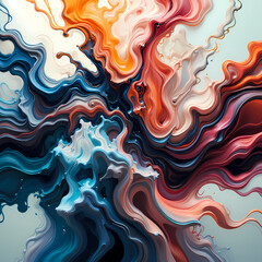 This abstract image showcases a mesmerizing blend of swirling colors, including vibrant tones of blue, peach, beige, and muted gray.