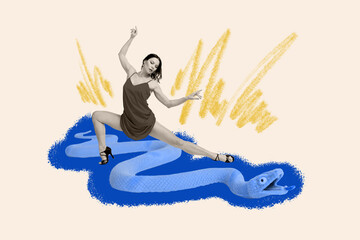 Creative sketch doodle collage of serious girl wear short dress do twine flexibility wild snake animal cartoon zoo visitor