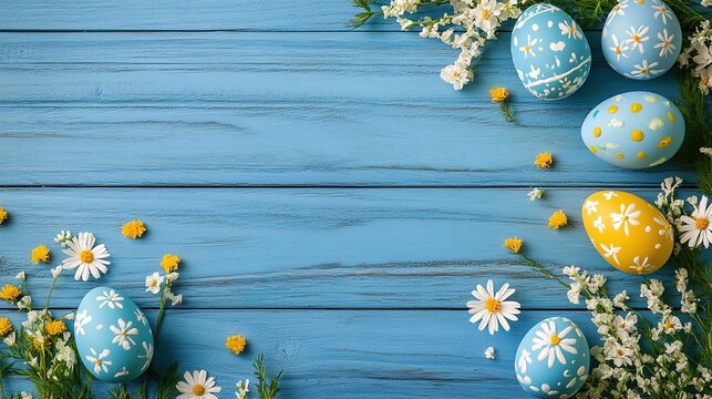The beautiful blue wooden table is decorated with Easter eggs adorned with flowers, adding atmosphere to the spring holiday celebration. Easter home decoration, flower arrangement Easter eggs.