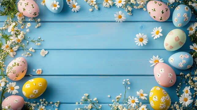 The beautiful blue wooden table is decorated with Easter eggs adorned with flowers, adding atmosphere to the spring holiday celebration. Easter home decoration, flower arrangement Easter eggs.