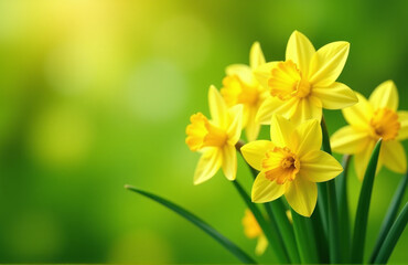 Obraz premium A Bright Banner Featuring A Cheerful Arrangement Of Fresh Daffodils Against A Lush Green Garden Background With Plenty Of Copy Space Available.