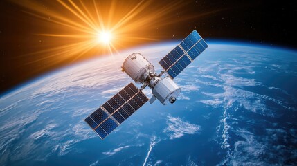 Fototapeta premium Satellite orbiting Earth, transmitting data signals with bright digital beams.