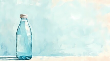 Obraz premium Reusable glass water bottle filled with purified water, captured in a bright studio setting, suitable for branding, wellness, and hydration topics, comic book style