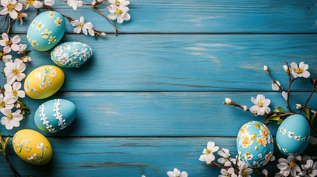 The beautiful blue wooden table is decorated with Easter eggs adorned with flowers, adding atmosphere to the spring holiday celebration. Easter home decoration, flower arrangement Easter eggs.