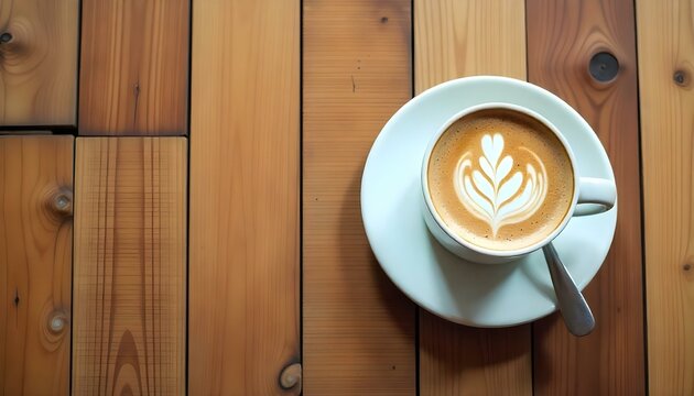 Fotograf&iacute;a a&eacute;rea de una taza de caf&eacute; blanco con arte latte sobre un platillo, colocada sobre una mesa de madera. La mesa est&aacute; hecha de varias tablas de madera, cada una con un patr&oacute;n de vetas &uacute;nico 