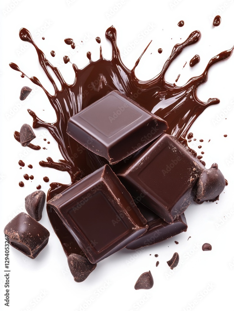 Poster decadent dark chocolate squares with molten splash on pristine white backdrop creating a luxurious a
