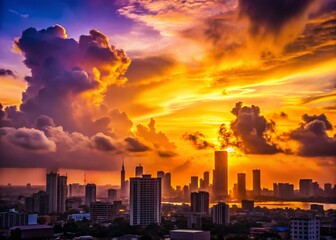 Fototapeta premium Lagos Skyline Silhouette at Sunset, Dramatic African Cityscape