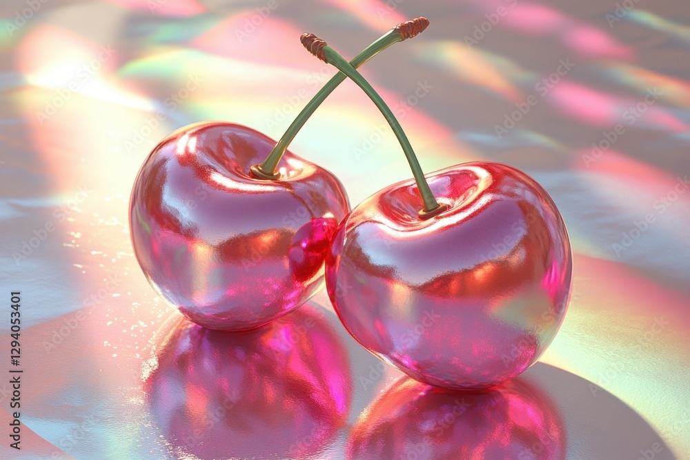 Aufkleber two shiny cherries reflecting light on a holographic surface in a studio setting with soft lighting