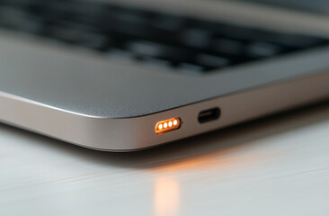 close-up of a charging indicator light on a laptop power adapter