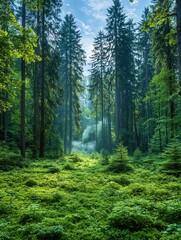 Obraz premium steam expanding spreading Misty Forest with Stream of Light and Greenery