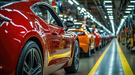Fototapeta premium Shiny new car bodies lined up in a brightly lit assembly plant, waiting for final touches.
