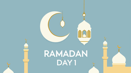 Ramadan Kareem - Minimalist Islamic Mosque Illustration with Crescent Moon"