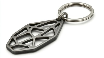 Minimalist stainless steel keychain with a geometric design, isolated on white
