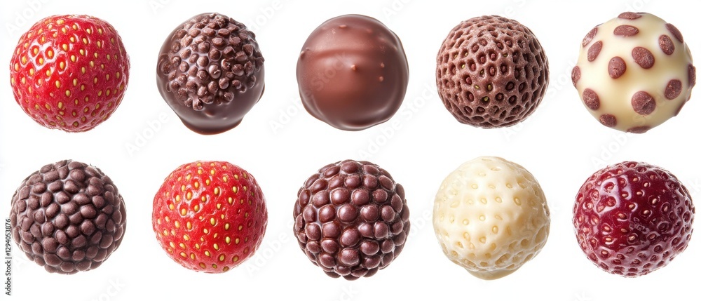 Poster assorted chocolate truffles with strawberry and raspberry flavors on a white background in studio li