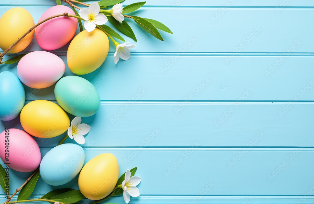 Poster a beautifully decorated easter table with light blue wooden background and colorful eggs set up in a