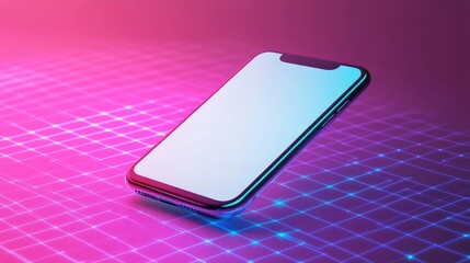 Smartphone mockup hovering over a digital neon grid, blank screen ready for branding.