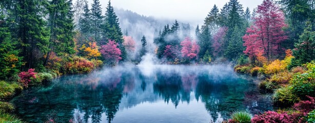 Naklejka premium steam expanding spreading Misty Lake with Vibrant Autumn Foliage