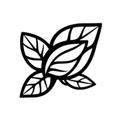 Abstracted leaf icon of a basil plant, rendered in a minimalist black and white vector, set against a pure white backdrop.