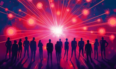 Fototapeta premium Silhouetted figures facing a bright, radiating light.