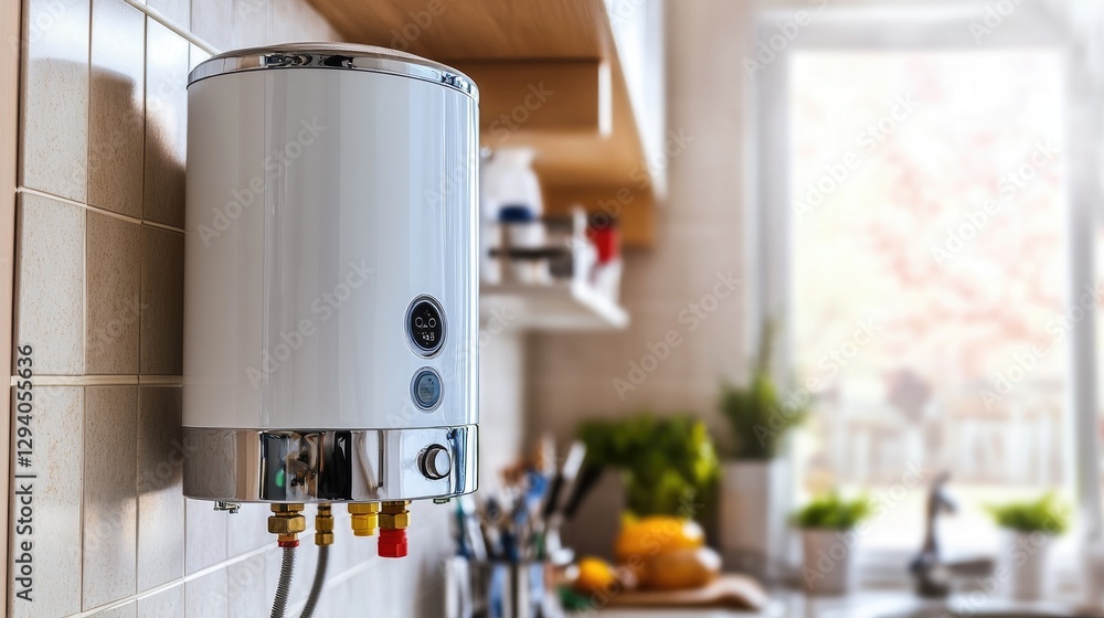 Poster smart water heater with wi-fi-enabled temperature controls mounted in a high-tech home.