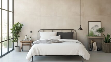 Serene Bedroom Oasis: An inviting bedroom scene featuring a comfortable bed, plants, and natural light, exuding a sense of calm and relaxation. 