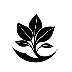 Black and white logo of a growing plant with leaves in a crescent-shaped design.