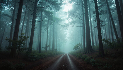Fototapeta premium Mysterious fog envelops forest pathway, exploring nature's secrets