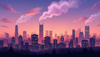 Fototapeta premium Vibrant smokey city skyline at dusk, urban beauty