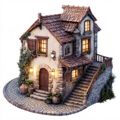 Charming stone house with lush greenery quaint village 3d model cozy environment warm lighting architectural design