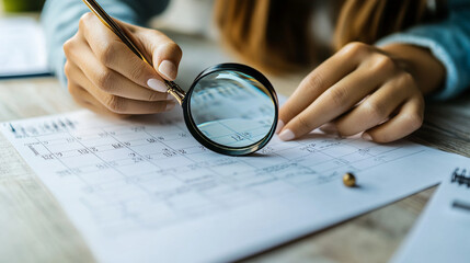 Business calendar planning concept, vector illustration, tiny flat woman character hold magnifying glass, time management work with schedule.