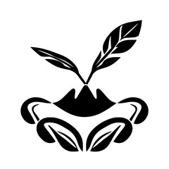 Minimalist Plant Composition: Abstract Black-and-White Symbol Depicting Leaves, and Mountains.