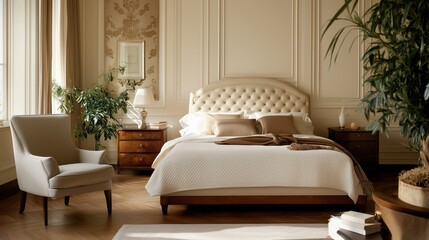 Luxury Bedroom Interior: An inviting luxury bedroom showcasing an elegantly furnished space, soft lighting, and classic decor, creates a sense of comfort and timeless elegance.