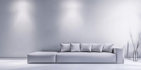 Modern minimalist living room design with light gray sofa and simple decor elements