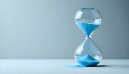 Fotografía de estudio de un reloj de arena de cristal con arena azul sobre un fondo gris