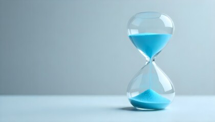 Fotografía de estudio de un reloj de arena de cristal con arena azul sobre un fondo gris