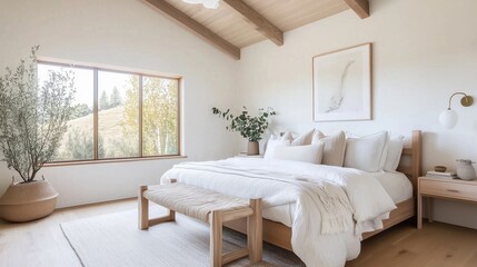 Fototapeta premium Tranquil Modern Bedroom: A spacious and inviting modern bedroom bathed in natural light streaming through large windows. The minimalist decor features a comfortable bed with plush bedding.