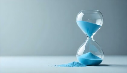 Fotografía de estudio de un reloj de arena de cristal con arena azul sobre un fondo gris