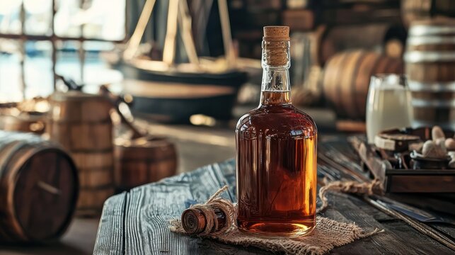 A vintage bottle of rum placed on a nautical-themed table.