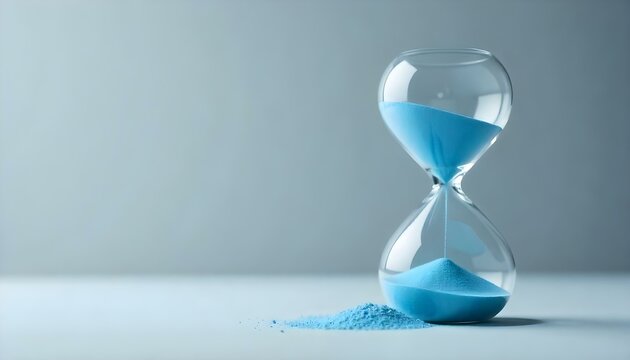 Fotograf&iacute;a de estudio de un reloj de arena de cristal con arena azul sobre un fondo gris