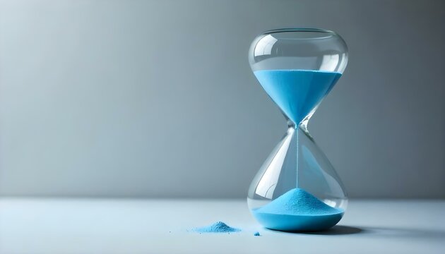 Fotograf&iacute;a de estudio de un reloj de arena de cristal con arena azul sobre un fondo gris