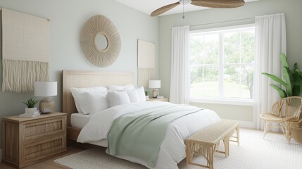 Serene Bedroom Oasis: A bright and airy bedroom with natural wood furniture, fresh bedding, and a large window overlooking a vibrant outdoor scene.