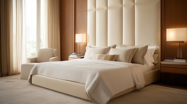 Luxurious Bedroom Retreat: Capturing the essence of luxury, an elegantly furnished bedroom showcases a plush bed, soft lighting, and refined decor, creating a serene and inviting atmosphere.