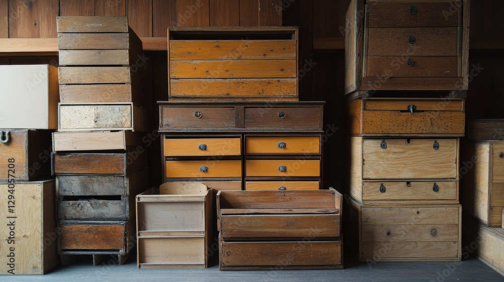 Poster box package wooden empty drawers and packed boxes or packaging crates with wood crated containers fo
